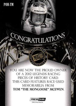 2012 Press Pass Legends - Pieces of History Memorabilia Silver #POH-TM Tom McEwen Back