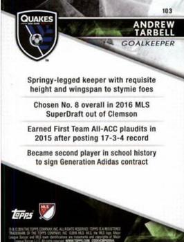 2016 Topps Apex MLS #103 Andrew Tarbell Back