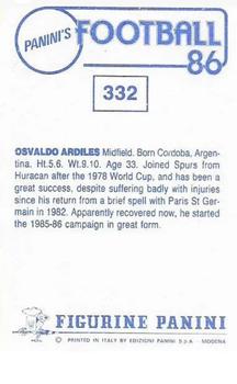 1985-86 Panini Football 86 (UK) #332 Ossie Ardiles Back