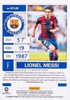 2019-20 Panini Chronicles - Contenders Historic Rookie Ticket Cracked Ice #HT-LM Lionel Messi Back