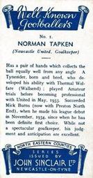 1938 John Sinclair Well Known Footballers (North Eastern Counties) #1 Norman Tapken Back