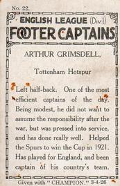 1926 Amalgamated Press English League (Div 1) Footer Captains #22 Arthur Grimsdell Back