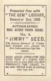 1922 The Gem Library Autographed Real Action Photo Series #4 Jimmy Seed Back
