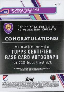 2023 Finest MLS - Base Autographs Aqua Refractor #A-TW Thomas Williams Back
