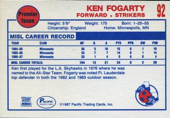 1987-88 Pacific MISL #92 Ken Fogarty Back