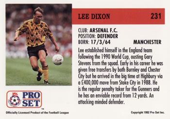 1991-92 Pro Set (England) #231 Lee Dixon  Back