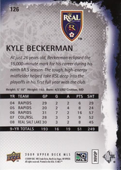 2009 Upper Deck MLS #126 Kyle Beckerman Back