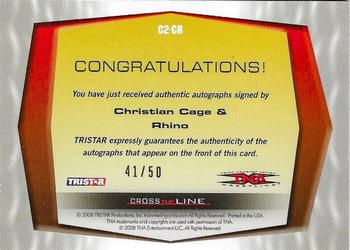 2008 TriStar TNA Cross the Line - Autographs Dual Gold #C2CR Christian Cage / Rhino  Back